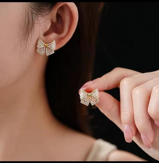 Elegant Pearl Bow Stud Earrings for Women | Gold Plated Party Wear Earrings | Designer Wedding Jewelry
