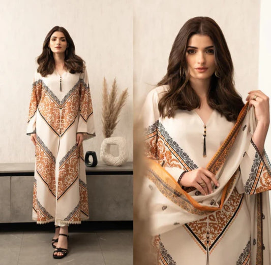 FEROZA Front Cut 3PC Silky Lawn Suit with Digital Chiffon Dupatta – Elegant Pakistani Dress
