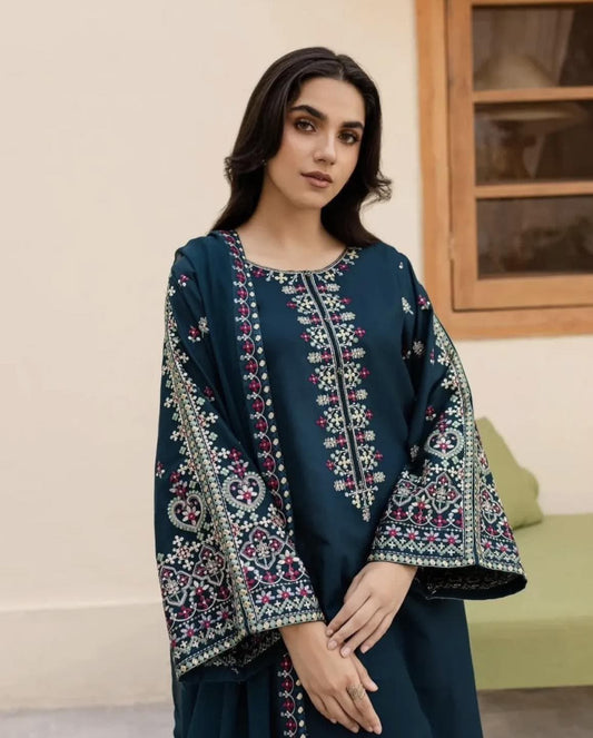 Mashal 3PC Embroidered Lawn Suit for Women – Long Shirt & Emb Trouser