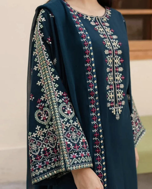 Mashal 3PC Embroidered Lawn Suit for Women – Long Shirt & Emb Trouser