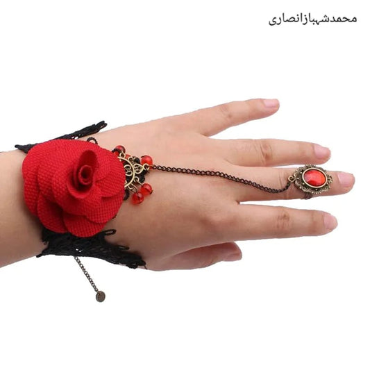 Gothic Red Rose Choker Bracelet with Ring – Vintage Lace Hand Jewelry for Women & Girls