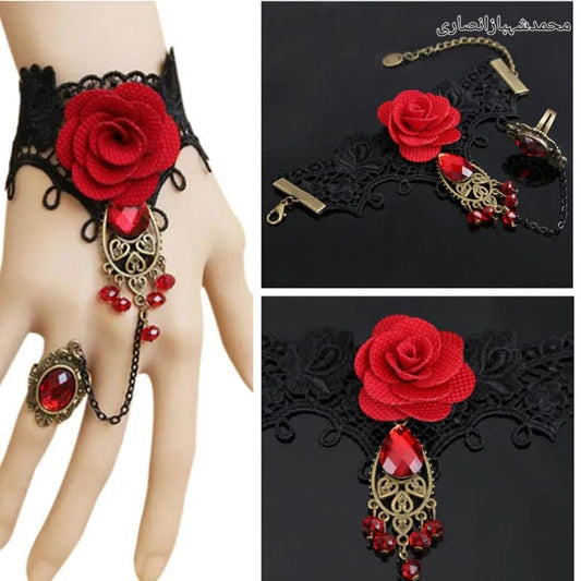 Gothic Red Rose Choker Bracelet with Ring – Vintage Lace Hand Jewelry for Women & Girls