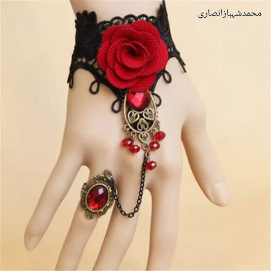 Gothic Red Rose Choker Bracelet with Ring – Vintage Lace Hand Jewelry for Women & Girls